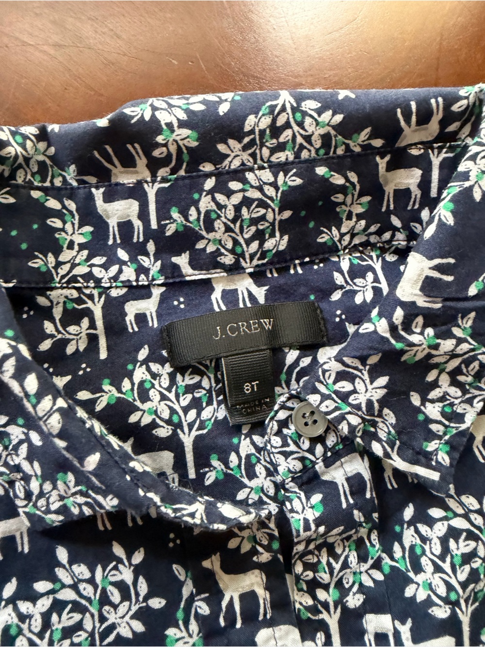 J. Crew Navy Button-Henley Popover Shirt with Woodland Deer & Tree Print size 8T
